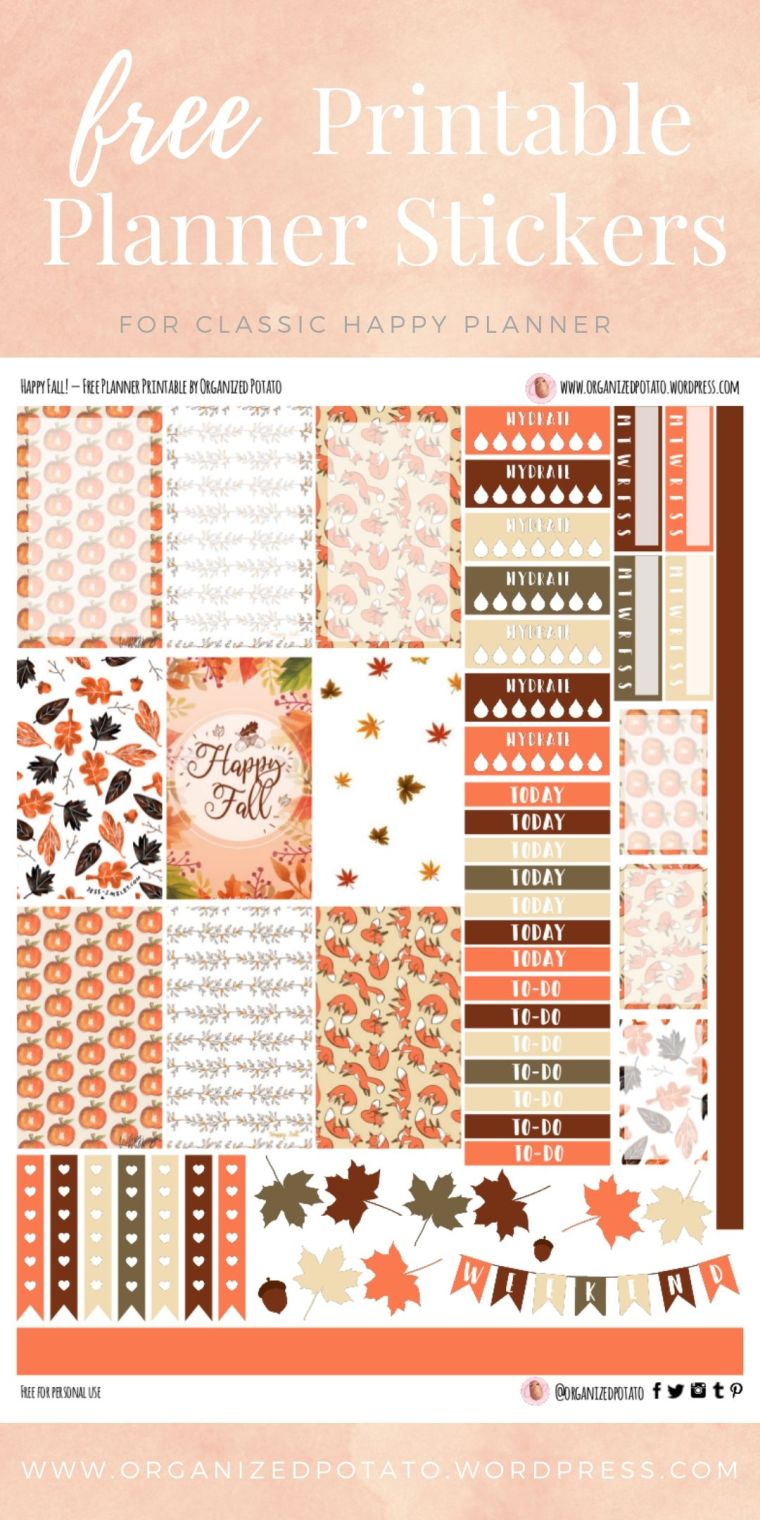 Happy Fall - Free Printable Planner Stickers for Classic Happy Planner by Organized Potato - For use in Happy Planner, Erin Condren, Bullet Journal, scrapbooking, and other paper crafts. Great free DIY stationery craft! These super kawaii stickers are ready for your planner! Bring the beautiful fall colors that everyone loves to your planner with these adorable free stickers. Includes bonus clip art deco stickers! Perfect for your next DIY stationery project! #bujo #bulletjournal #cute #leaves #halloween #autumn #pumpkins #DIYcrafts #thanksgiving
