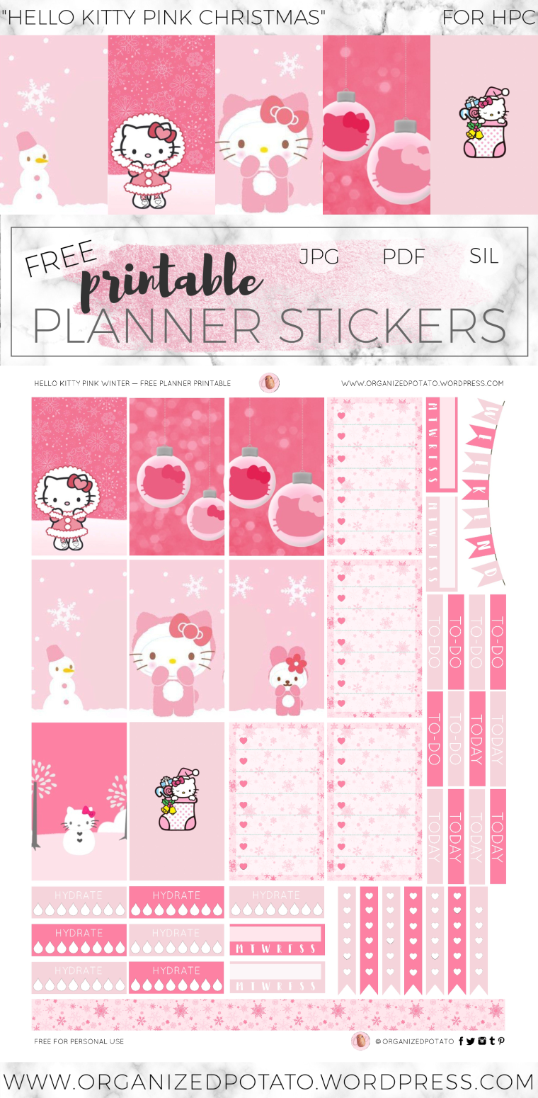 Hello Kitty Pink Christmas - Free DIY printable planner stickers for Classic Happy Planner. These festive holiday stickers are super kawaii! They feature the adorable Hello Kitty with a snowman, Christmas ornaments, and Christmas stockings. It's perfect for Christmas, or winter time in your bullet journal spread or in your planner! How will you use it in your planner?